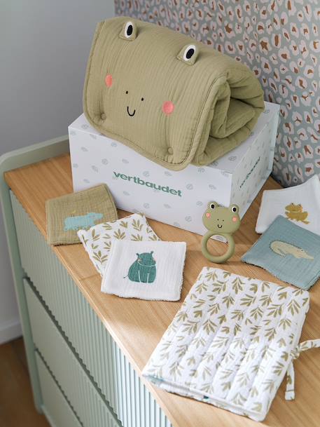 8-piece baby gift set: 1 rattle, 1 travel changing mat, 5 wipes, 1 pouch ochre+printed green+printed white 