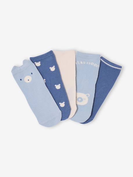 Pack of 5 Pairs of 'Bear' Socks for Babies chambray blue+ecru 