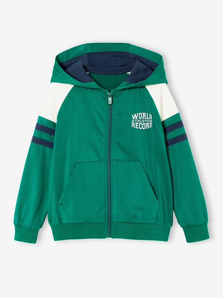 Boys' sporty zip-up hooded sweatshirt with raglan sleeves green+navy blue+pecan nut 