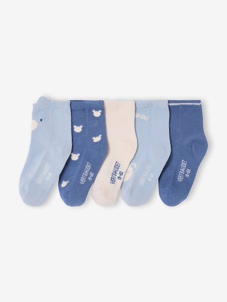 Pack of 5 Pairs of 'Bear' Socks for Babies chambray blue+ecru 