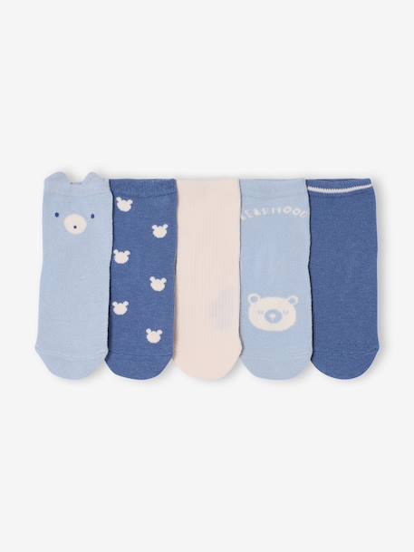 Pack of 5 Pairs of 'Bear' Socks for Babies chambray blue+ecru 