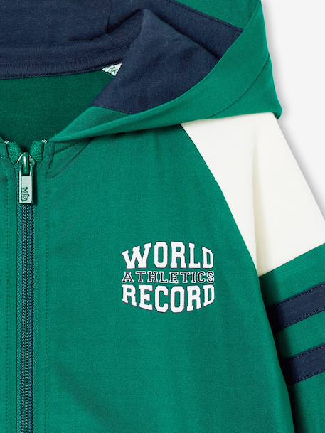 Boys' sporty zip-up hooded sweatshirt with raglan sleeves green+navy blue+pecan nut 