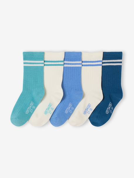 Pack of 5 Pairs of Striped Rib Knit Socks for Boys blue+grey blue+navy blue+sky blue 