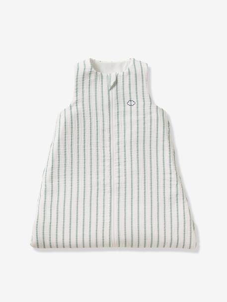 Summer Sleeping Bag with Central Opening, in Striped Cotton Muslin, for Babies sage green 