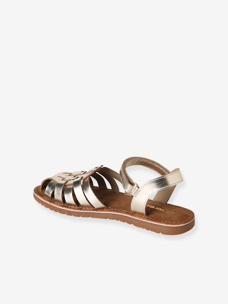 Leather Sandals with Hook-&-Loop Straps for Children ecru+gold 