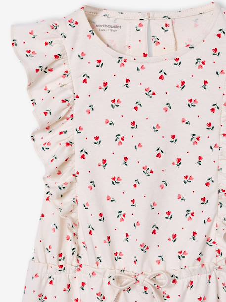 Printed frilled-sleeve dress for girls emerald green+pale pink+printed white 