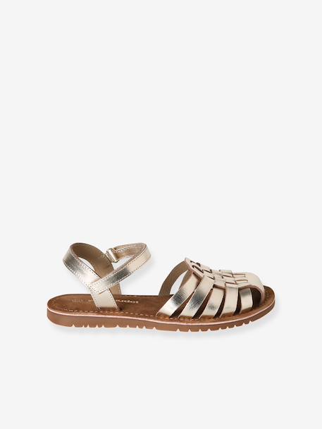Leather Sandals with Hook-&-Loop Straps for Children ecru+gold 