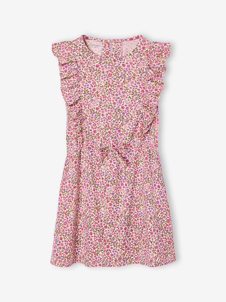 Printed frilled-sleeve dress for girls emerald green+pale pink+printed white 