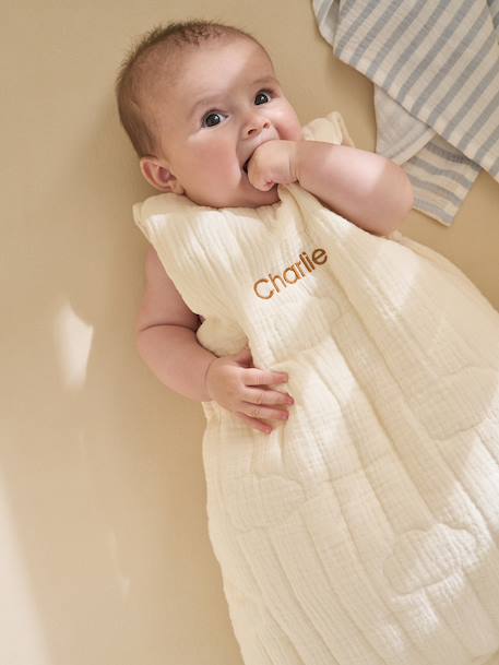 Customisable organic muslin sleeveless baby sleeping bag IN THE CLOUDS ecru 