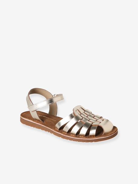 Leather Sandals with Hook-&-Loop Straps for Children ecru+gold 