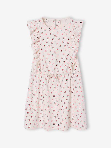 Printed frilled-sleeve dress for girls emerald green+pale pink+printed white 
