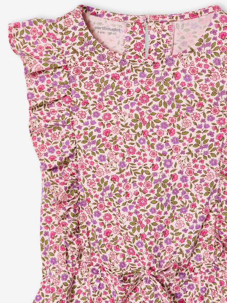 Printed frilled-sleeve dress for girls emerald green+pale pink+printed white 