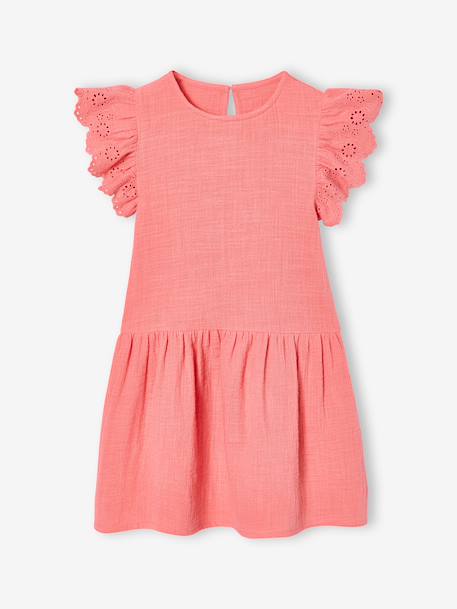 Girls' cotton gauze dress with short embroidered sleeves coral+yellow 