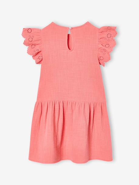Girls' cotton gauze dress with short embroidered sleeves coral+yellow 
