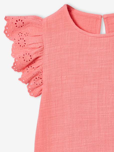 Girls' cotton gauze dress with short embroidered sleeves coral+yellow 