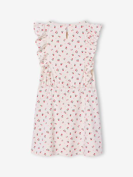 Printed frilled-sleeve dress for girls emerald green+pale pink+printed white 