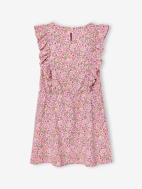 Printed frilled-sleeve dress for girls emerald green+pale pink+printed white 