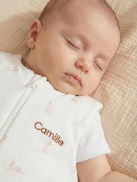Sleeveless Sleeping Bag with Central Opening in Organic Cotton for Babies, LAPIN AOP printed white 
