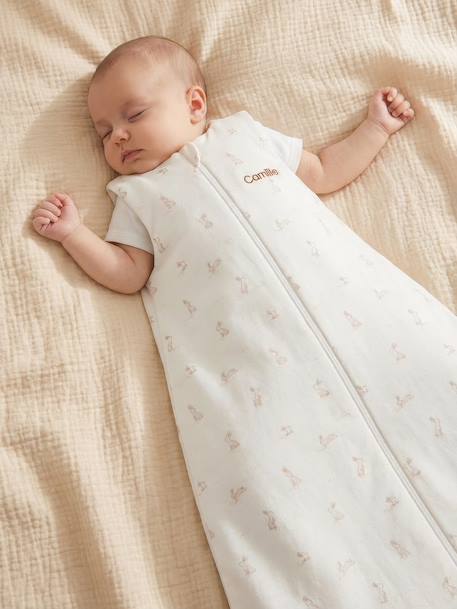Sleeveless Sleeping Bag with Central Opening in Organic Cotton for Babies, LAPIN AOP printed white 
