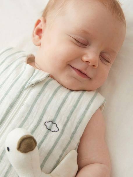 Summer Sleeping Bag with Central Opening, in Striped Cotton Muslin, for Babies sage green 
