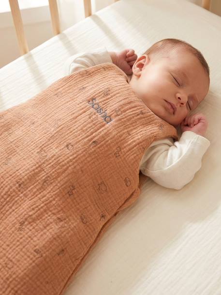 Customisable summer baby sleeping bag in organic cotton muslin cloth, JUNGLE printed brown 