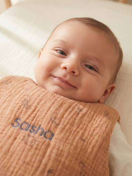 Customisable summer baby sleeping bag in organic cotton muslin cloth, JUNGLE printed brown 
