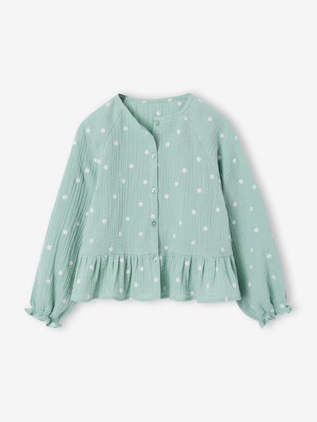 Girl's cotton gauze shirt aqua green+pale pink 