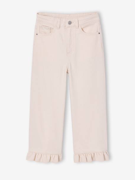 Girl's wide-leg trousers with frills ecru+lilac 
