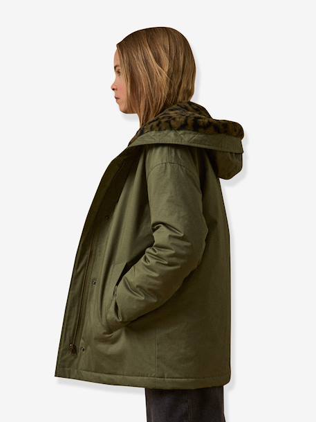 Girl's short parka with leopard lining CYRILLUS green 