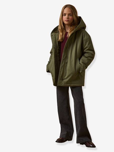 Girl's short parka with leopard lining CYRILLUS green 