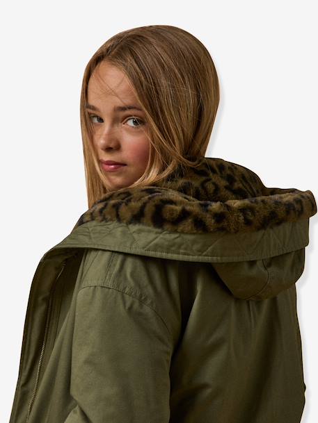 Girl's short parka with leopard lining CYRILLUS green 