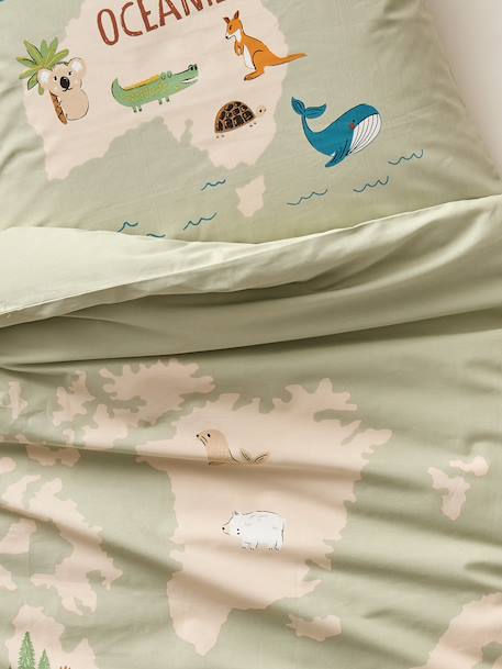Bedding set with duvet cover and pillowcase, ANIMAL WORLD TOUR design, made with recycled cotton sage green 