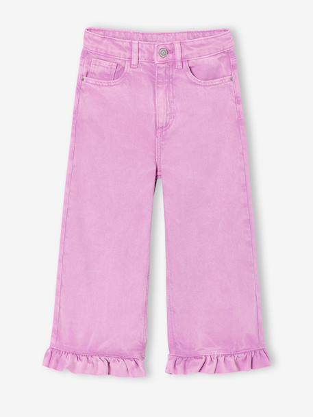 Girl's wide-leg trousers with frills ecru+lilac 