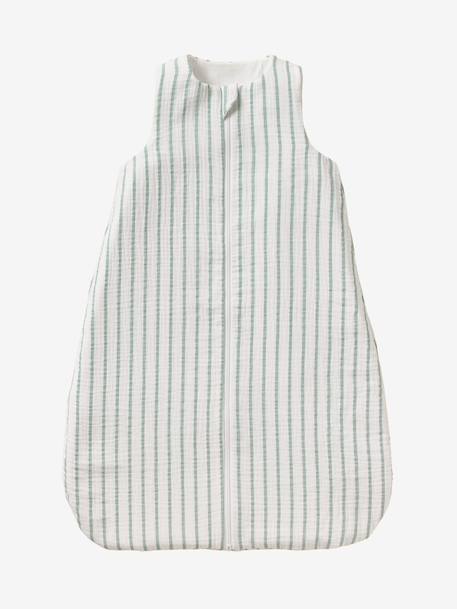 Summer Sleeping Bag with Central Opening, in Striped Cotton Muslin, for Babies sage green 