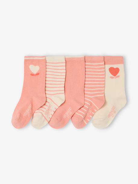 Pack of 5 Pairs of Heart Socks for Girls apricot+chambray blue 