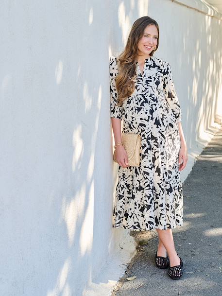 Long Bohemian-Style Dress with Buttons, for Maternity, by ENVIE DE FRAISE black+pomegranate+royal blue 