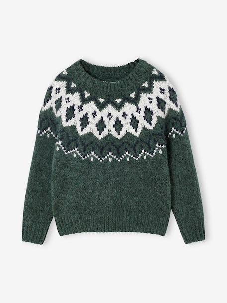 Jacquard Knit Jumper, Round Neckline, for Boys green+slate blue 