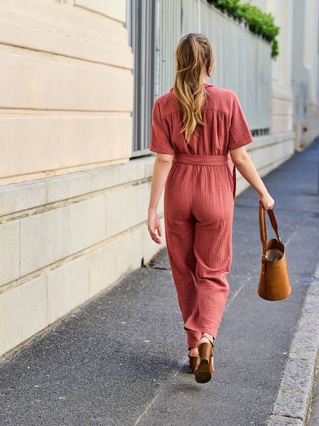 Cotton muslin nursing jumpsuit terracotta 