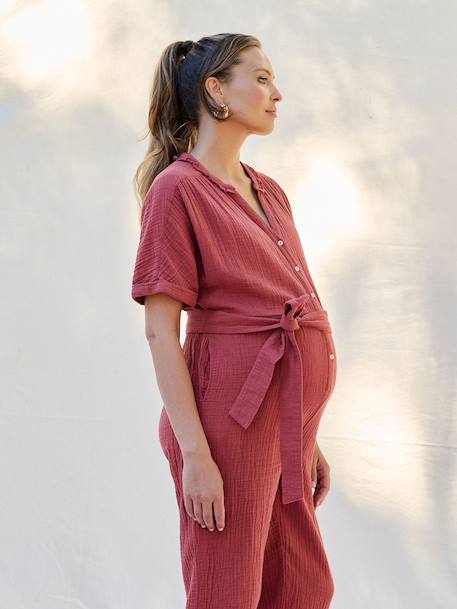 Cotton muslin nursing jumpsuit terracotta 