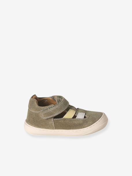 Leather Sandals with Hook-&-Loop Fastening for Babies, Designed for First Steps khaki+navy blue 