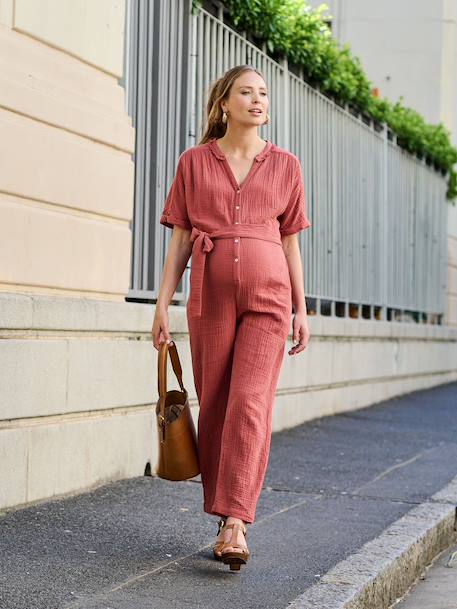 Cotton muslin nursing jumpsuit terracotta 