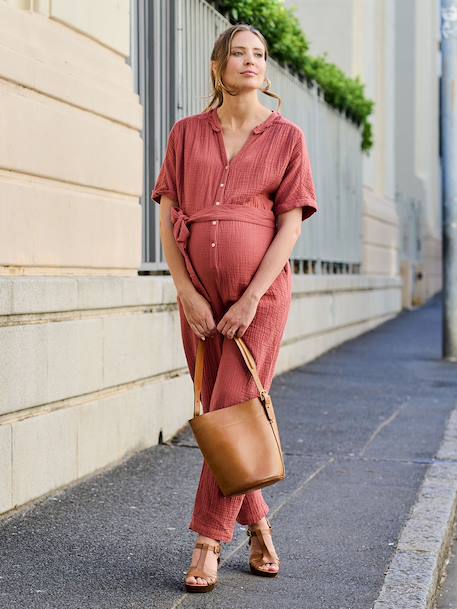 Cotton muslin nursing jumpsuit terracotta 