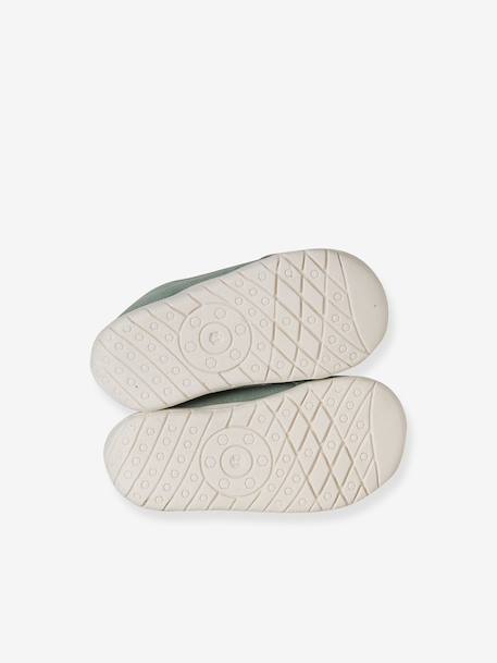 Soft leather baby slippers with zip brown+sage green 