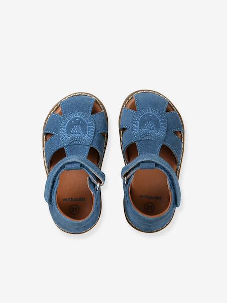 Leather Sandals with Hook-&-Loop Fastenings, for Babies denim blue+sandy beige 