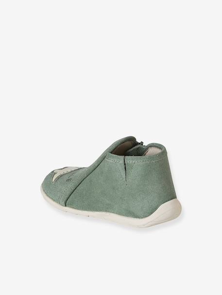 Soft leather baby slippers with zip brown+sage green 