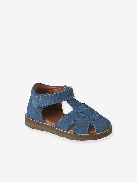 Leather Sandals with Hook-&-Loop Fastenings, for Babies denim blue+sandy beige 