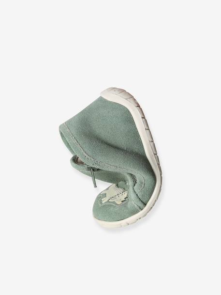 Soft leather baby slippers with zip brown+sage green 