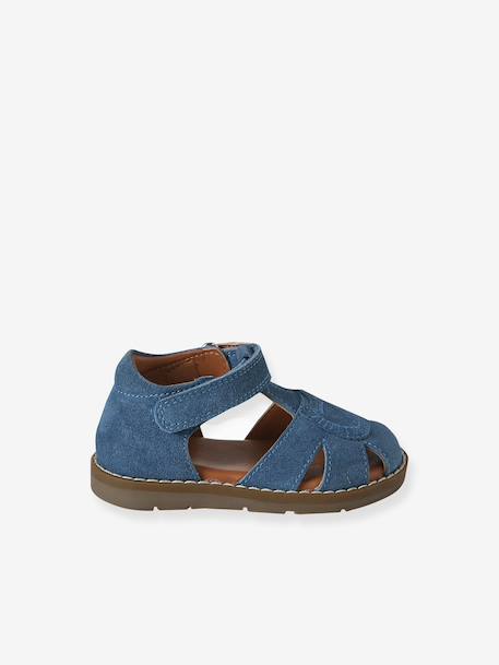 Leather Sandals with Hook-&-Loop Fastenings, for Babies denim blue+sandy beige 