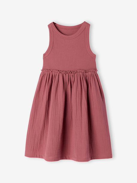 Girl's sleeveless dress khaki+old rose 