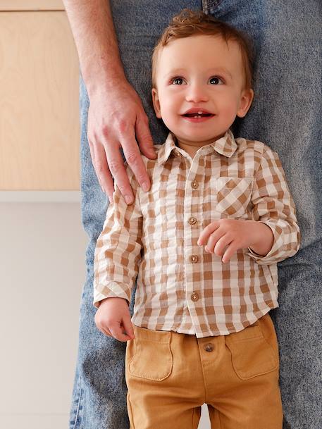 Baby boy's cotton muslin shirt chequered beige 